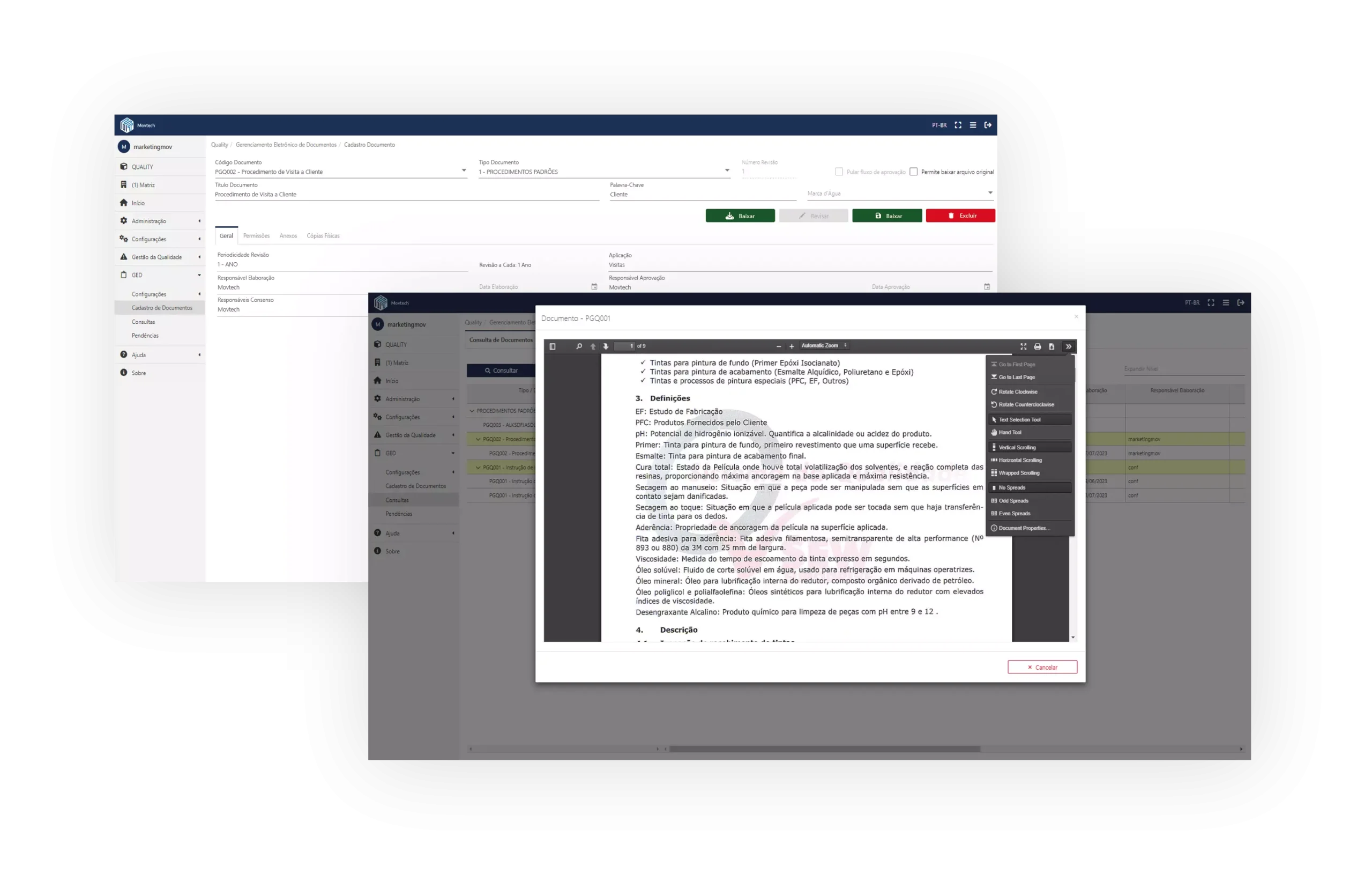 Duas telas da ferramenta de gestão eletrônica de documentos (GED) Movtech Docs