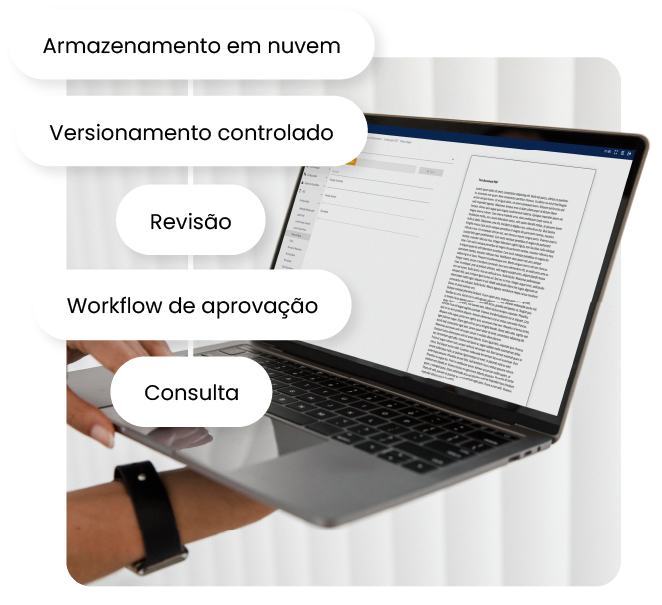 Tela da ferramenta de gestão eletrônica de documentos (GED) Movtech Docs em um laptop com cinco palavras em evidência