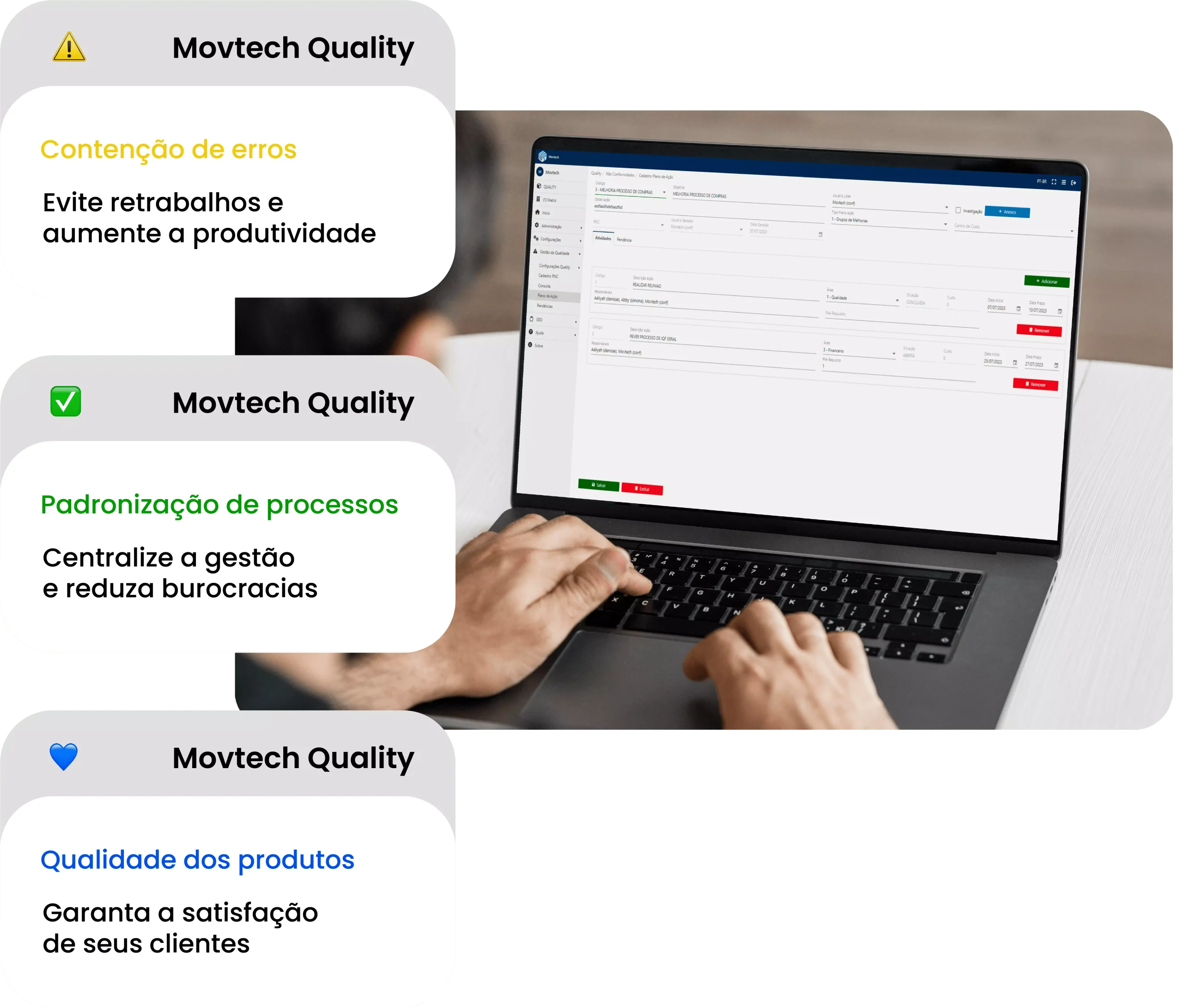 Balões de fala com vantagens da ferramenta de gestão da qualidade e um notebook de fundo com dashboard na tela