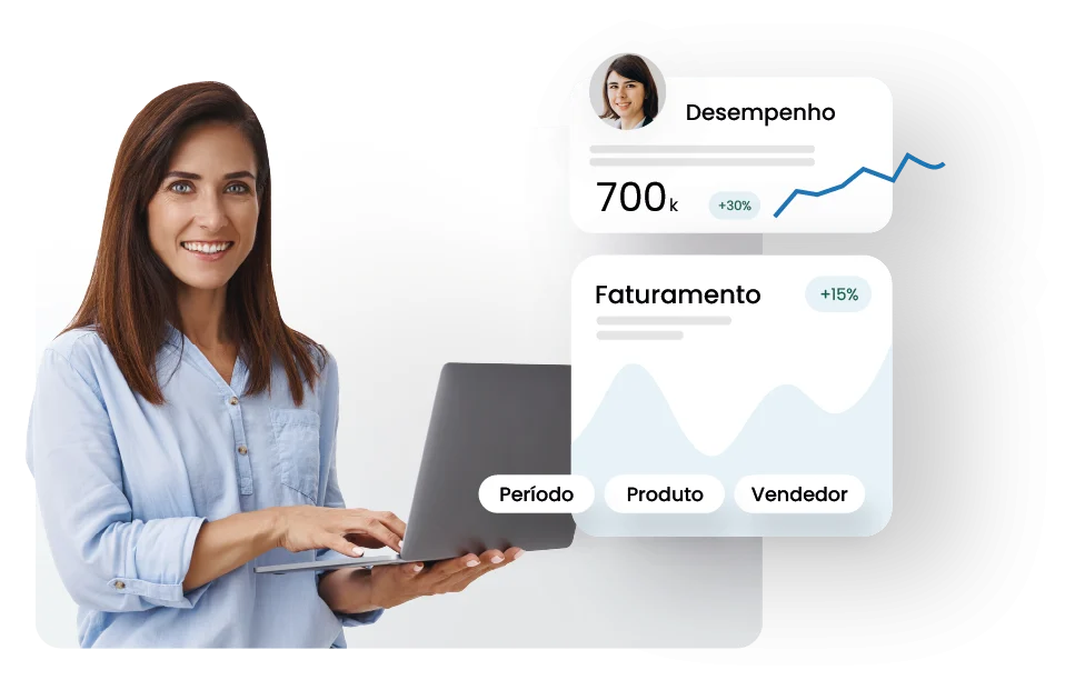 Mulher sorrindo com um laptop na mão com gráficos e indicadores do Business Intelligence Movtech Stats