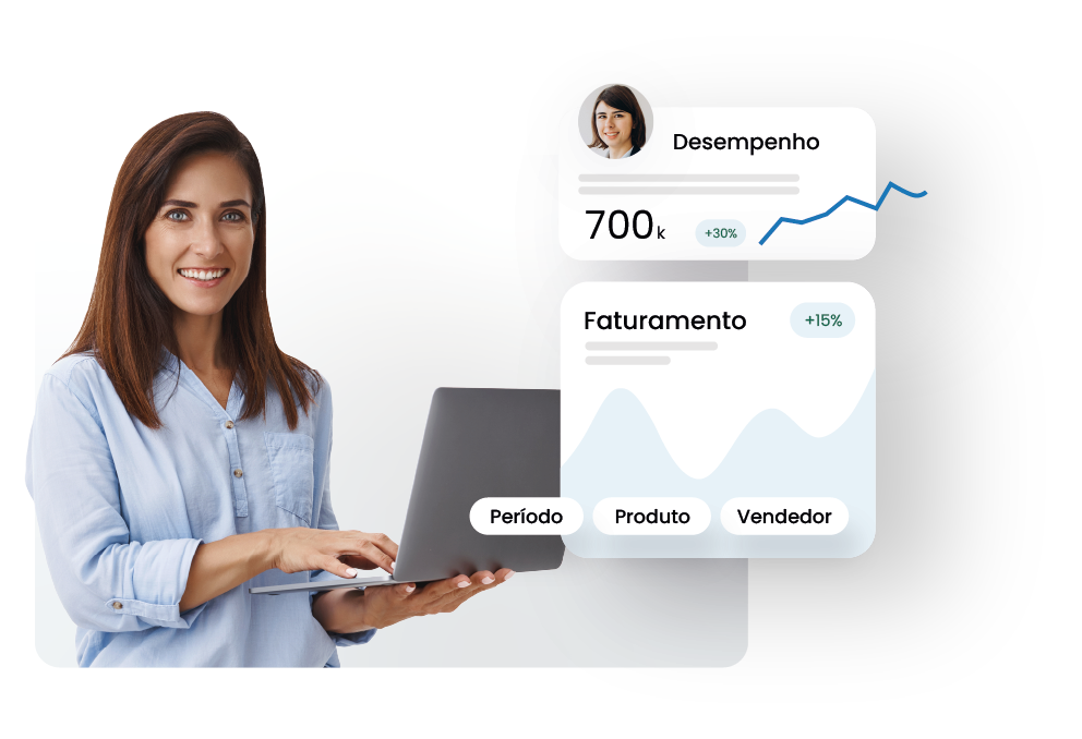 Mulher sorrindo com um laptop na mão com gráficos e indicadores do Business Intelligence Movtech Stats