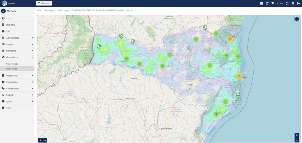 Mapa de Geolocalização dentro do Movtech Stats