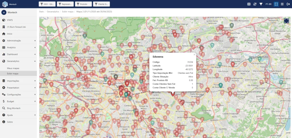 Mapa de geolocalização dentro do Movtech Stats, BI integrado ao Movtech Sales.