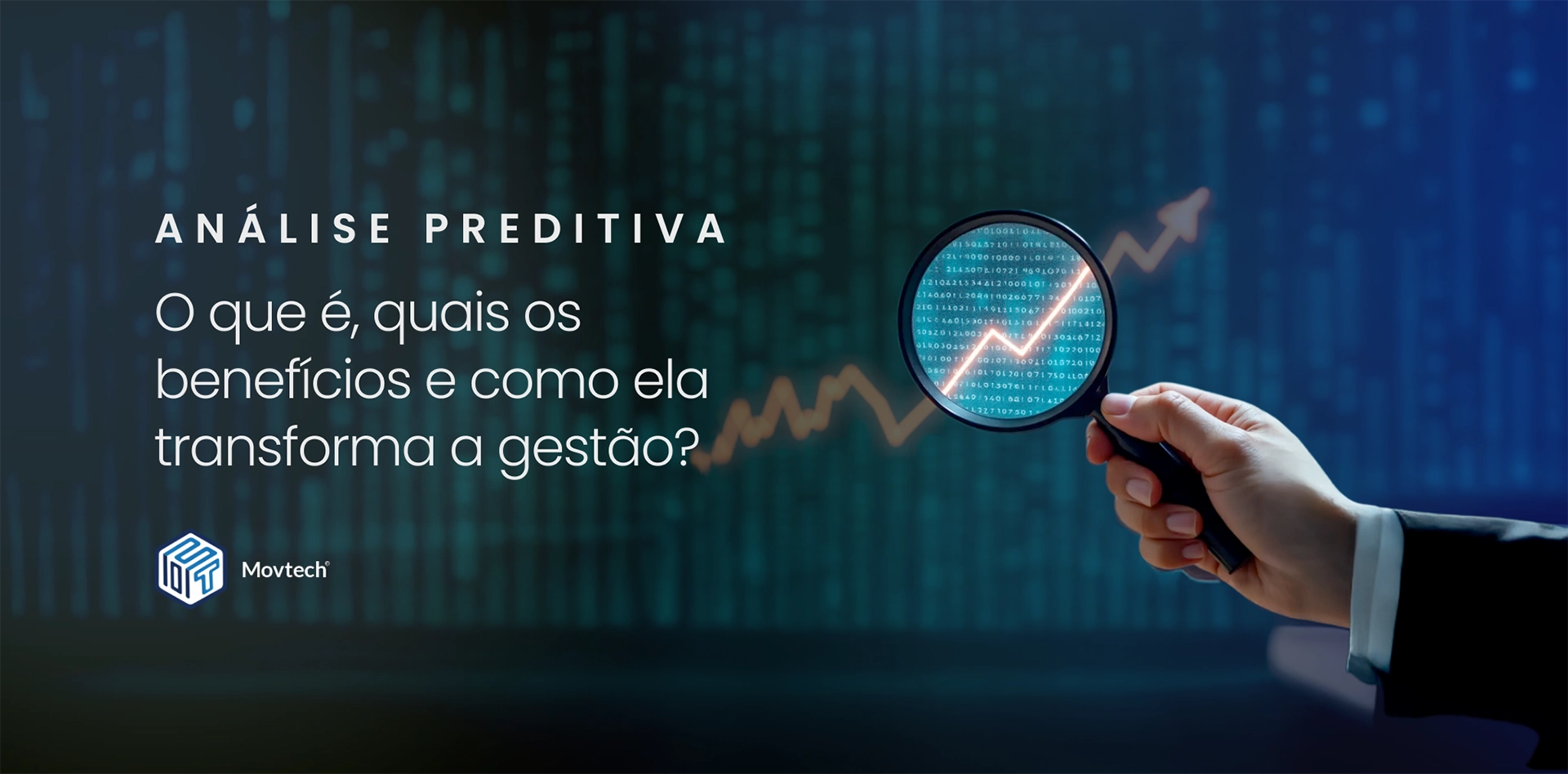 mão segurando uma lupa sobre um gráfico de linha em tendência de alta; a lupa foca na seção futura, que está codificada digitalmente