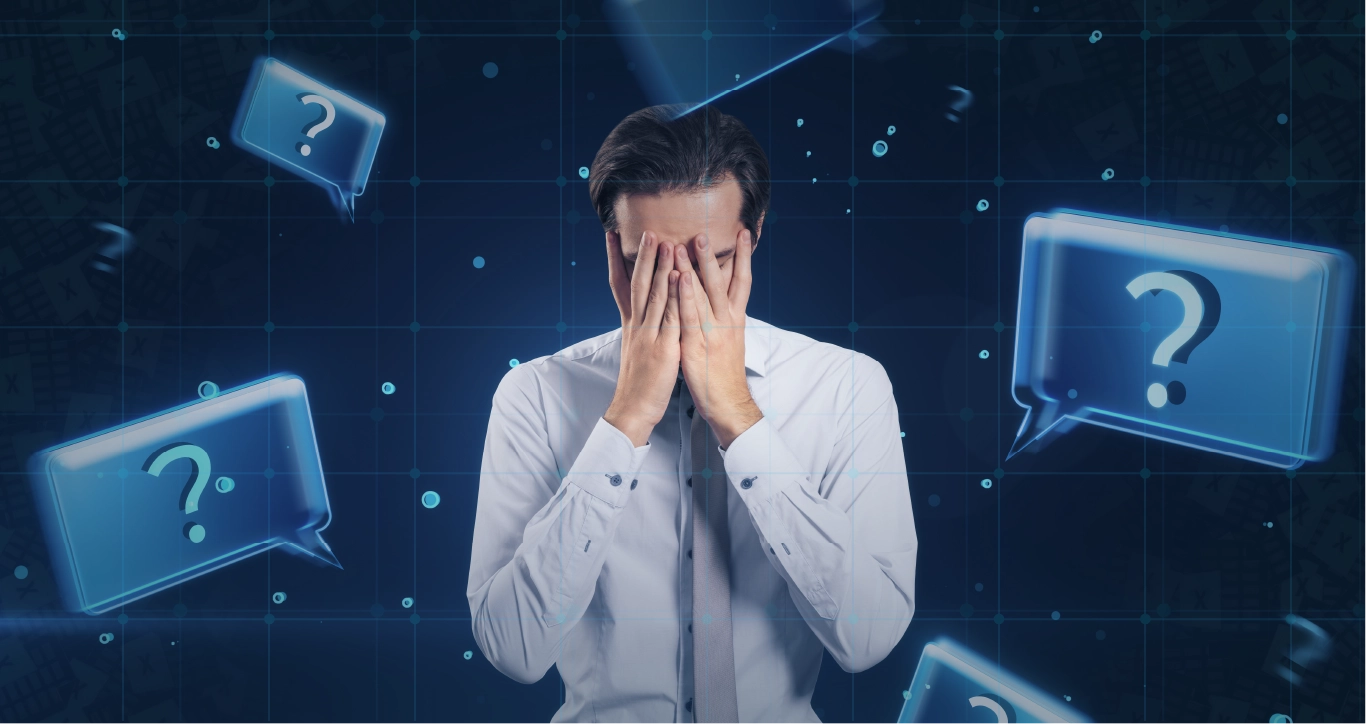 Imagem de cabeçalho da publicação do blog sobre planejamento orçamentário, representada por um homem de negócios com as mãos no rosto, aflito, com pontos de interrogação ao seu redor e símbolos do Excel ao fundo, representando o sentimento de dúvida.